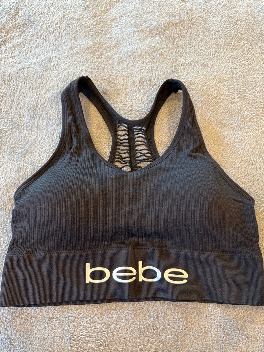 bebe Black Ribbed Racerback Sports Bra with Logo Band